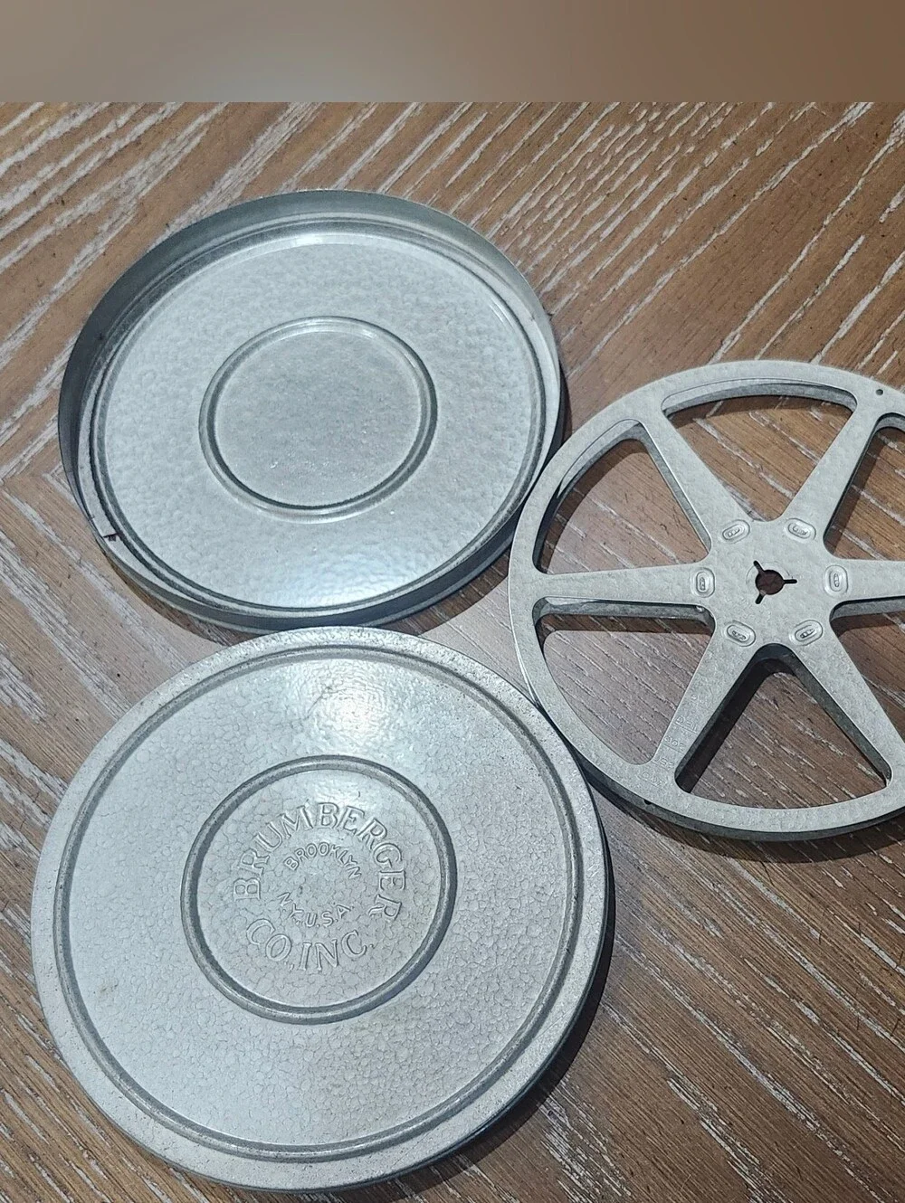 Two Vintage Metal BRUMBURGER 8mm Film Canisters and Take Up Reels 6